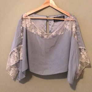 Reformation Dusty Blue Lace Bell-Sleeve Crop Top